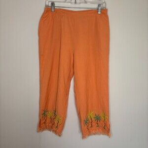 Linen Blend Crop Pant Tropical Palm Embroidered Womens M Orange Raw Edge Pull On